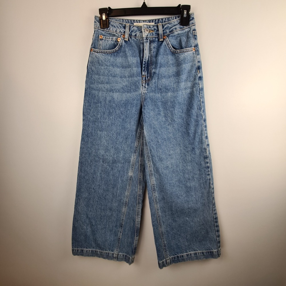 Topshop Moto Women Blue Wide Leg High Rise Jeans W26 L32 Medium Wash Cotton